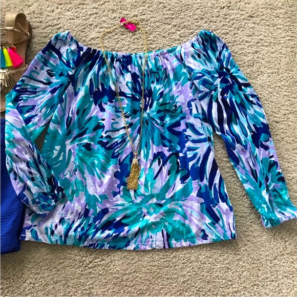 Lilly Pulitzer Enna Off The Shoulder Knit Top in Capri Teal Off Tropic - Picture 3 of 7